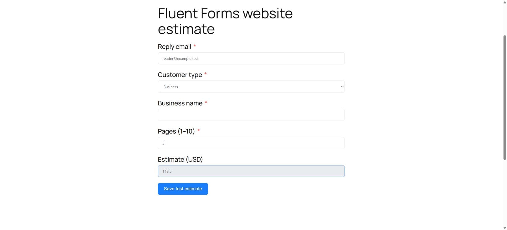 Fluent Forms shows the Business field and the updated 118.5 USD estimate for three pages