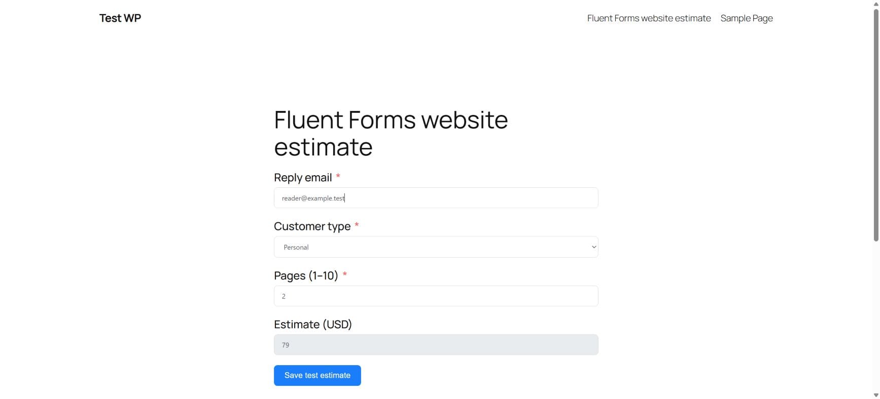 The actual Fluent Forms estimate shows two pages and a calculated 79 USD total
