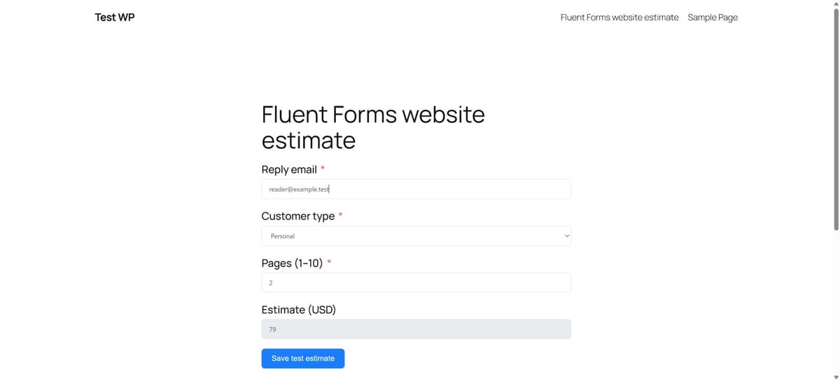 The actual Fluent Forms estimate shows two pages and a calculated 79 USD total