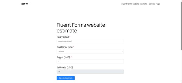 The actual Fluent Forms estimate shows two pages and a calculated 79 USD total